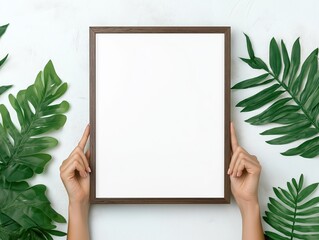Frame mockup held by hands with fresh greenery to showcase wall art, minimalistic frame to display personalized art