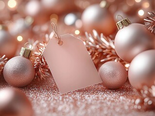 Gift tag mockup surrounded by rose gold ornaments, promotions for personalized gifts during winter holiday season
