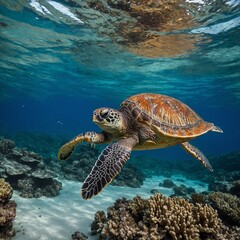 Fototapeta premium A sea turtle swimming gracefully through coral reefs.