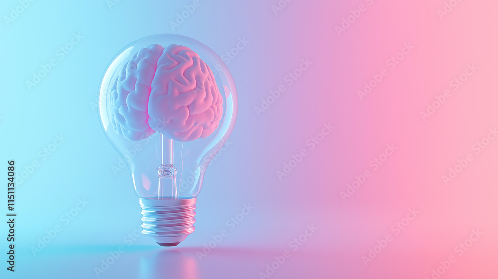 Poster a glowing light bulb with a brain inside, symbolizing creativity and innovation, set against a paste