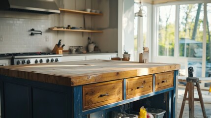 Installing a custom-built kitchen island, with drawers and shelves being fitted