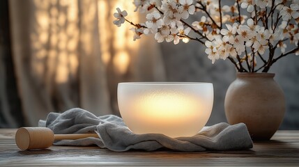 Calming sounds of singing bowl in serene environment, sound therapy and meditation for yoga practice, print for World Meditation Day