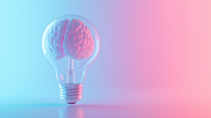 A glowing light bulb with a brain inside, symbolizing creativity and innovation, set against a pastel gradient background.
