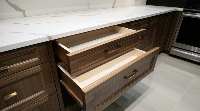 Installing drawers in a custom cabinet unit, showcasing precise carpentry in a stylish kitchen