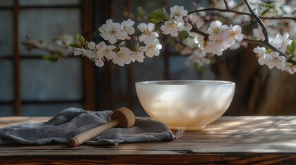Crystal singing bowl with flowers for relaxation and mindfulness, sound therapy and meditation print for National Wellness Month