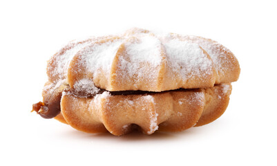 Delicious pastry filled with creamy filling dusted with powdered sugar on white background