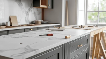 Modern kitchen with partially installed cabinets, tools scattered on the marble countertop