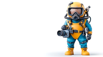 Fototapeta premium Cute Diver Cartoon Holding Camera Underwater Photography