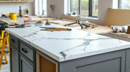 Modern kitchen with partially installed cabinets, tools scattered on the marble countertop