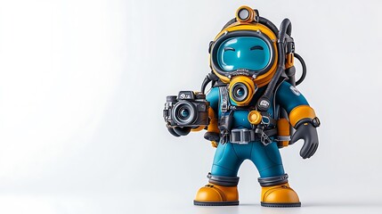 Fototapeta premium Cute Diver Cartoon Holding Camera Underwater Photography Ocean Exploration