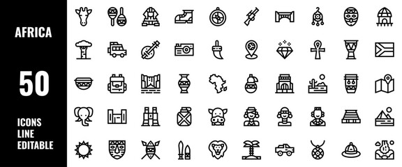 50 Africa Icons Set Pack Line Editable Vector Illustration