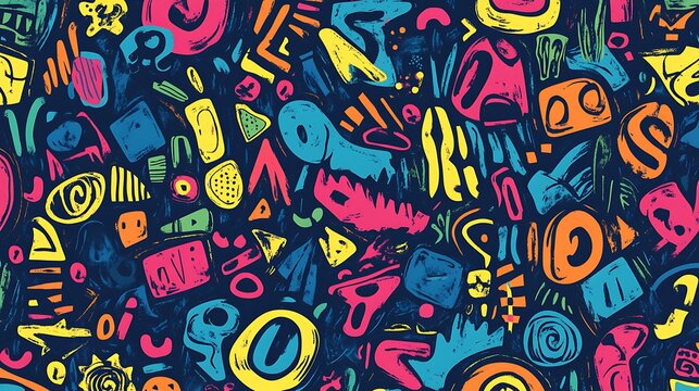 Colorful abstract seamless pattern with doodle shapes.