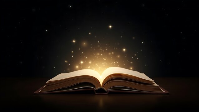 An open book emits a magical glow and sparkling lights against a dark background.