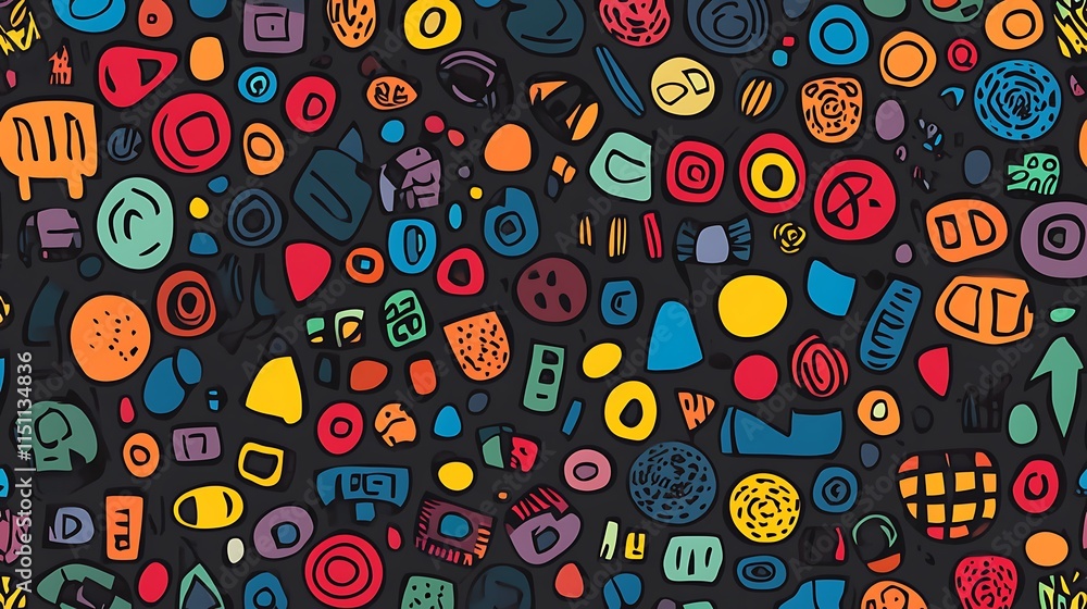 Poster colorful abstract shapes seamless pattern on dark background.