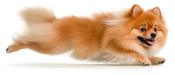 Obraz premium Joyful Pomeranian Dog Leaping Fluffy Adorable Pet White Background