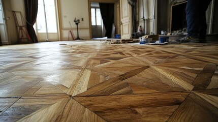 Precise parquet installation by a craftsman, applying glue and pressing wooden planks into place.