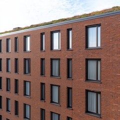 Obraz premium Modern Brick Building Exterior Green Roof Cityscape Architecture Window Facade