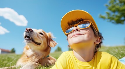 Smiling child wearing sunglasses with pet dog, capturing friendship, bonding and vibrant summer vibes, print for International Dog Day