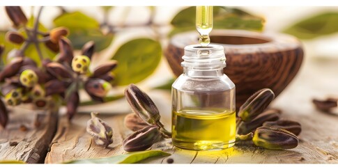 A clear glass bottle of jojoba oil with a dropper showcasing a sleek and natural beauty product