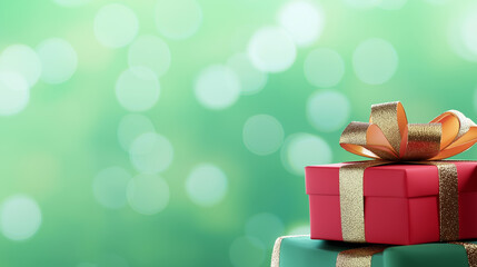 Fototapeta premium A stack of colorful wrapped gift boxes with ribbons, set against a festive bokeh background.