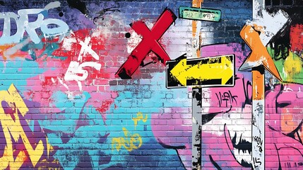 Fototapeta premium Colorful graffiti wall with street signs.