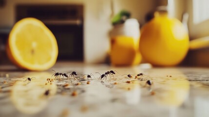 Small ants trailing across a marble counter with scattered food particles in a domestic kitchen