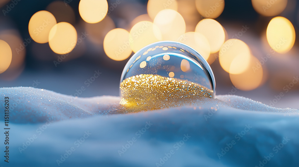 Aufkleber modern snow globe with gold base and sparkling particles, set against a bokeh background of warm glo