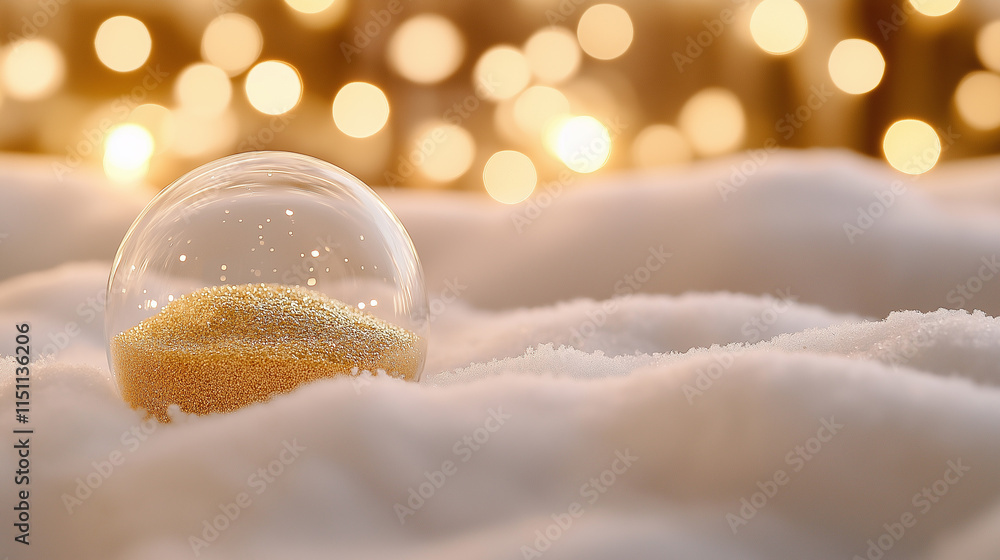 Aufkleber modern snow globe with gold base and sparkling particles, set against a bokeh background of warm glo