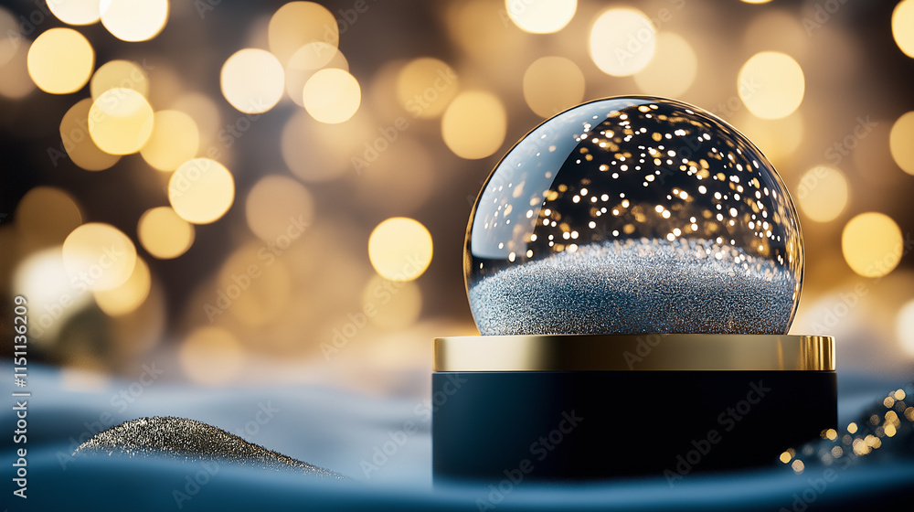 Aufkleber modern snow globe with gold base and sparkling particles, set against a bokeh background of warm glo