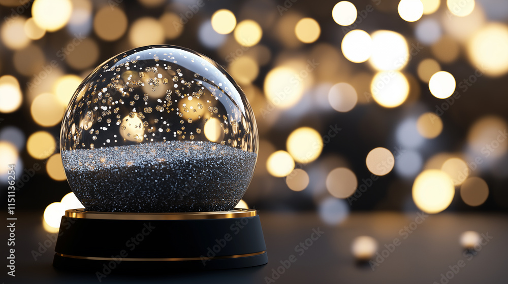 Aufkleber modern snow globe with gold base and sparkling particles, set against a bokeh background of warm glo