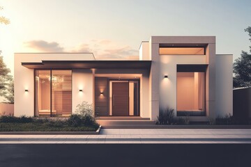 Modern minimalist home with a facade featuring clean lines, a neutral color palette, and hidden doorways.