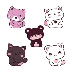 Set of Cheerful Cute Funny Cat Kitten Teddy Bear Animal Mascot Cartoon Character Tilting Head