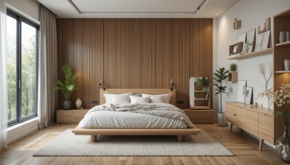 Modern wooden bedroom interior design. Perfect for home decor, real estate, and lifestyle concepts.


