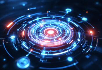 Futuristic, high-tech circular interface with blue and white glow elements