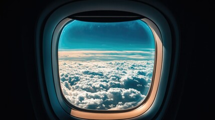 Fototapeta premium View from an airplane window showing fluffy clouds and a deep blue sky, creating a sense of wonder