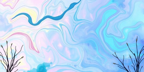 A stunning winter backdrop features swirling blue and pink hues with a tranquil atmosphere, framed by slender tree branches devoid of leaves