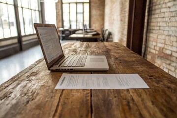 Minimalistic office meeting table with laptop and document for business presentation