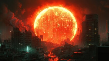 Obraz premium A dystopian cityscape illuminated by a massive, fiery sun backdrop.