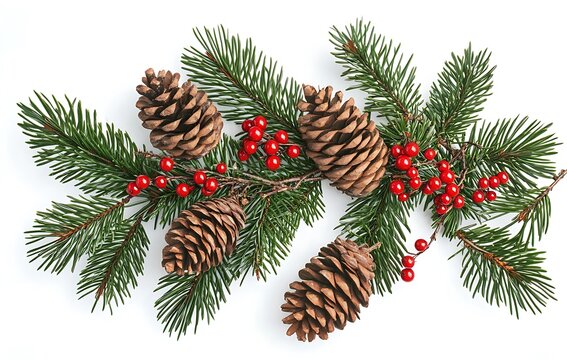 Christmas composition of pine branches, cones, and berries on a white background with copy space for text - Powered by Adobe