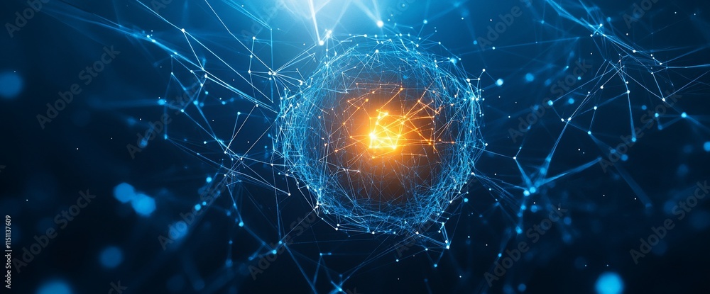 Poster a digital representation of a networked atom with glowing connections.