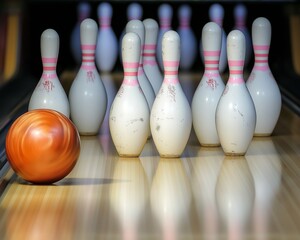 Close-Up of Bowling Ball Rolling Toward Pins Pins Toppled in Motion Isolated on White
