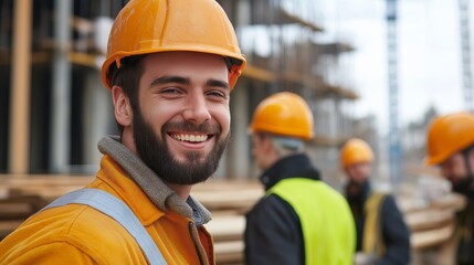 Fototapeta premium Under a clear blue sky, construction workers wear bright helmets and vests, joyfully collaborating on a bustling site. Their smiles reflect hard work and dedication to the project
