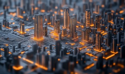 A futuristic cityscape rendered on a circuit board with glowing elements.