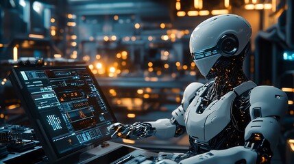 A futuristic robot interacts with a high-tech computer interface in a lab.