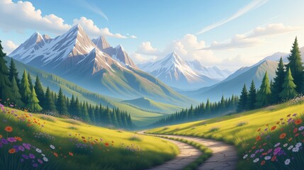 Obraz premium Serene Fantasy Landscape with Majestic Mountains and Colorful Wildflowers at Dawn