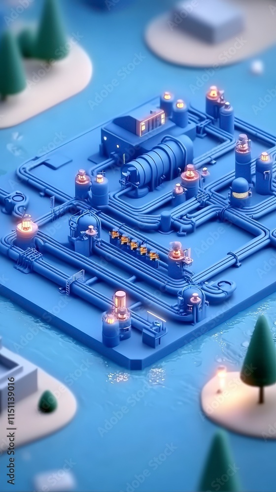 Poster industrial complex blueprint aerial view 3d render engineering pipes structures tech