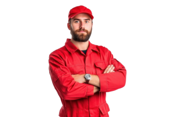 Portrait of a man in a red uniform and cap with folded arms isolated on a transparent background
