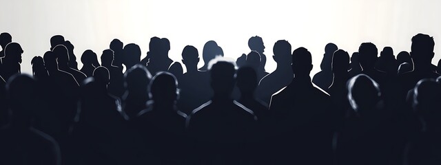 Crowd silhouettes against bright background.