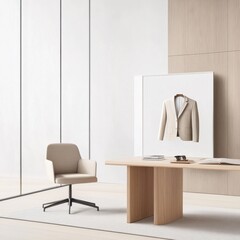 Modern office interior featuring minimalistic design with a sleek wooden table, stylish chair, and elegant suit displayed on the wall, perfect for contemporary business settings.