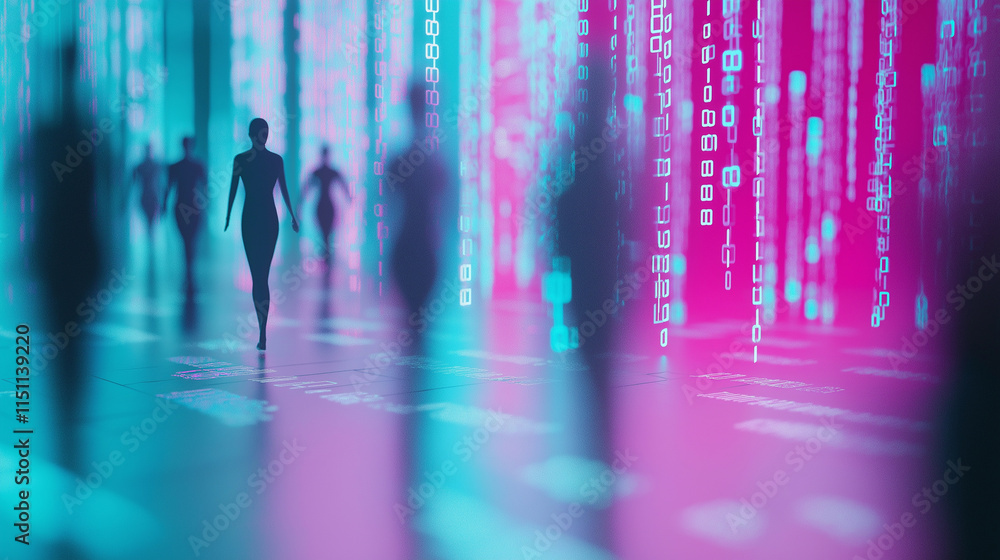 Poster silhouettes of people walking in a digital tunnel with binary code and glowing pink and blue light, 